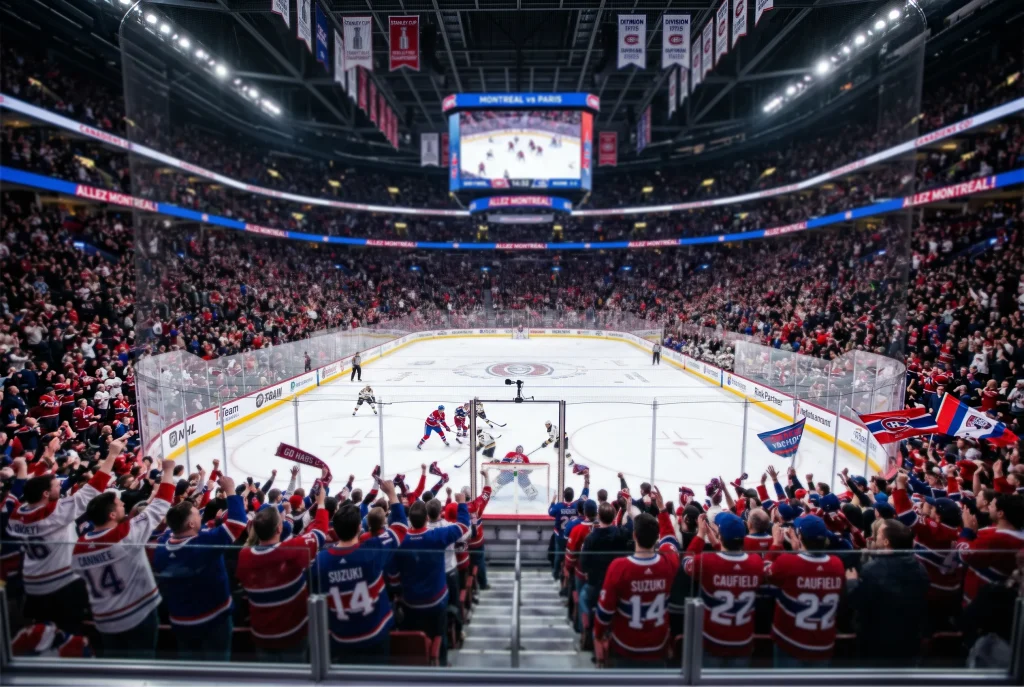 Arena NHL remplie de supporters avec statistiques de victoire à domicile
