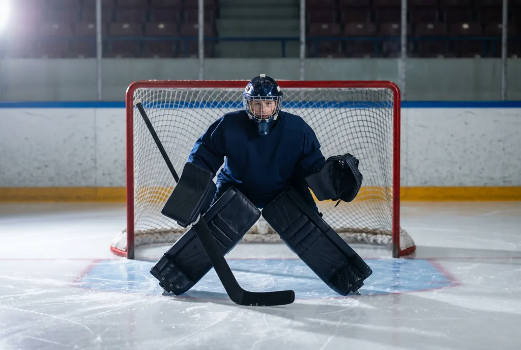 Gardien de hockey NHL en position devant le filet lors d'un match de saison régulière