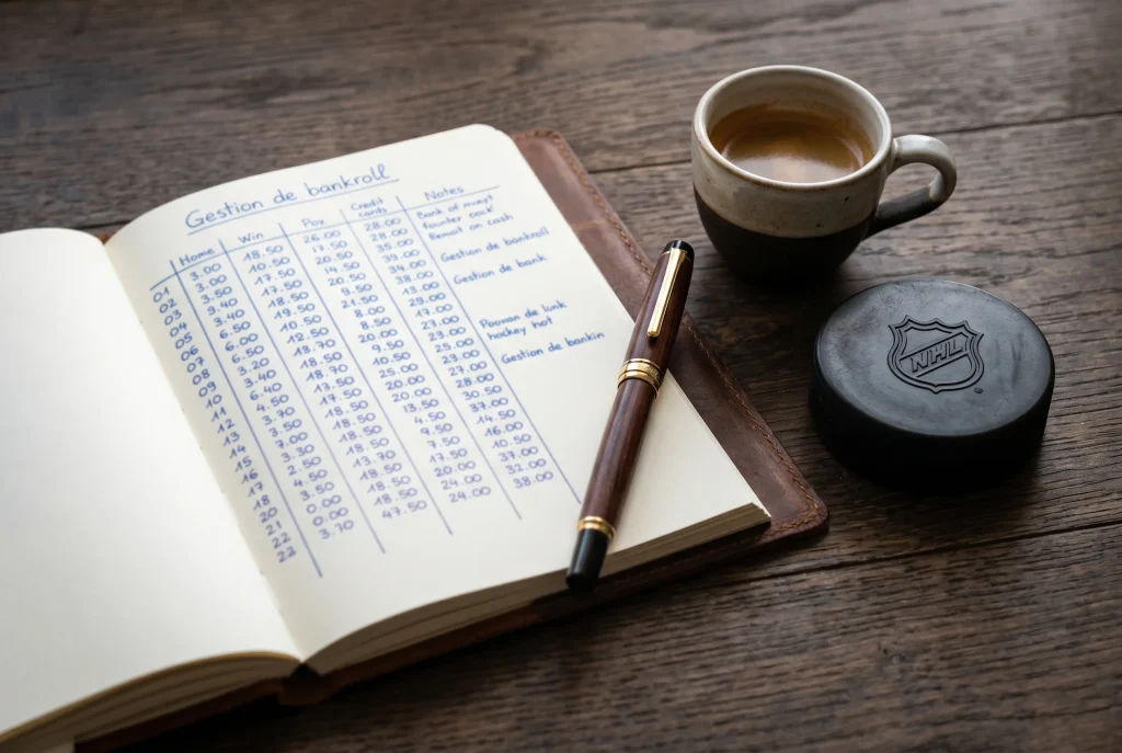 Carnet et stylo illustrant la gestion méthodique de bankroll pour les paris sportifs NHL