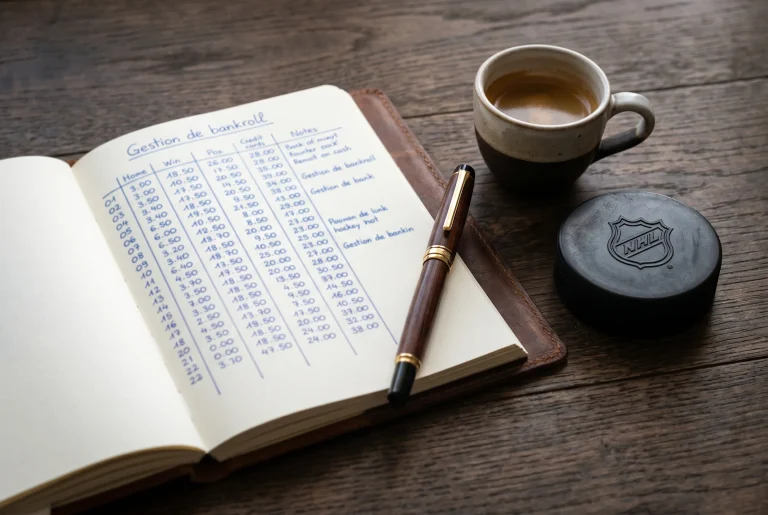 Carnet et stylo illustrant la gestion méthodique de bankroll pour les paris sportifs NHL