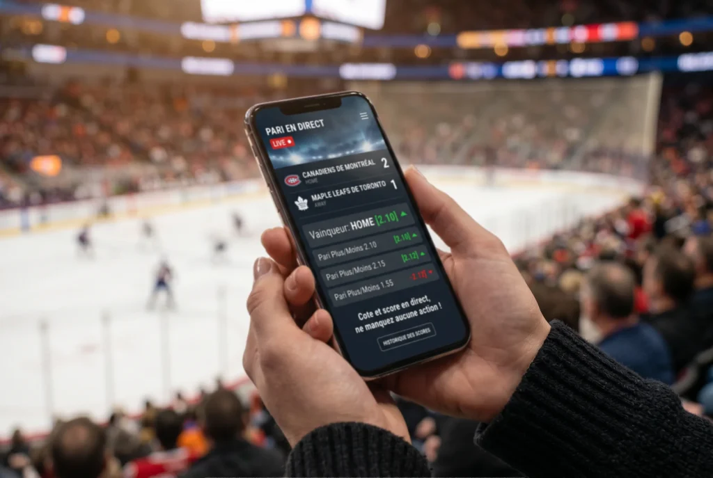 Écran de paris en direct pendant un match NHL avec cotes live en évolution