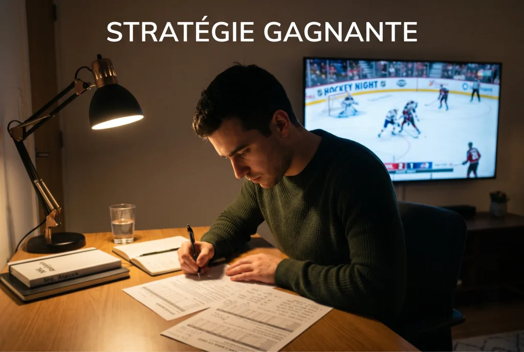 Parieur analysant une stratégie de value betting sur un match de hockey NHL